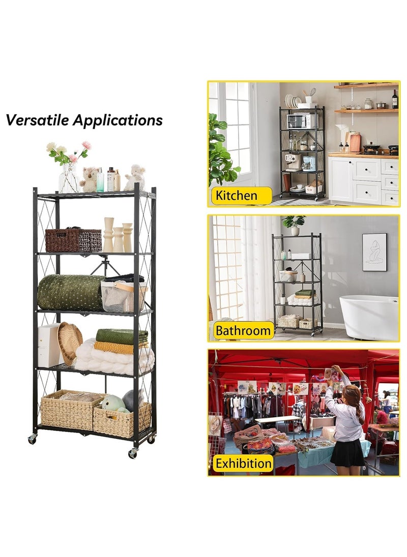 KADRAMA 4 Tier Storage Rack Thickened Foldable Storage Rack with Wheels,No Assembly,Large Capacity Shelves,Heavy-Duty Scratch-Resistant Metal Shelving Rolling Cart for Garage, Kitchen, Basement, Pantry(Black)  - Image 4