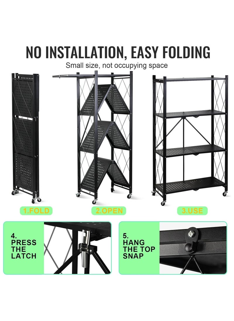 KADRAMA 4 Tier Storage Rack Thickened Foldable Storage Rack with Wheels,No Assembly,Large Capacity Shelves,Heavy-Duty Scratch-Resistant Metal Shelving Rolling Cart for Garage, Kitchen, Basement, Pantry(Black)  - Image 5