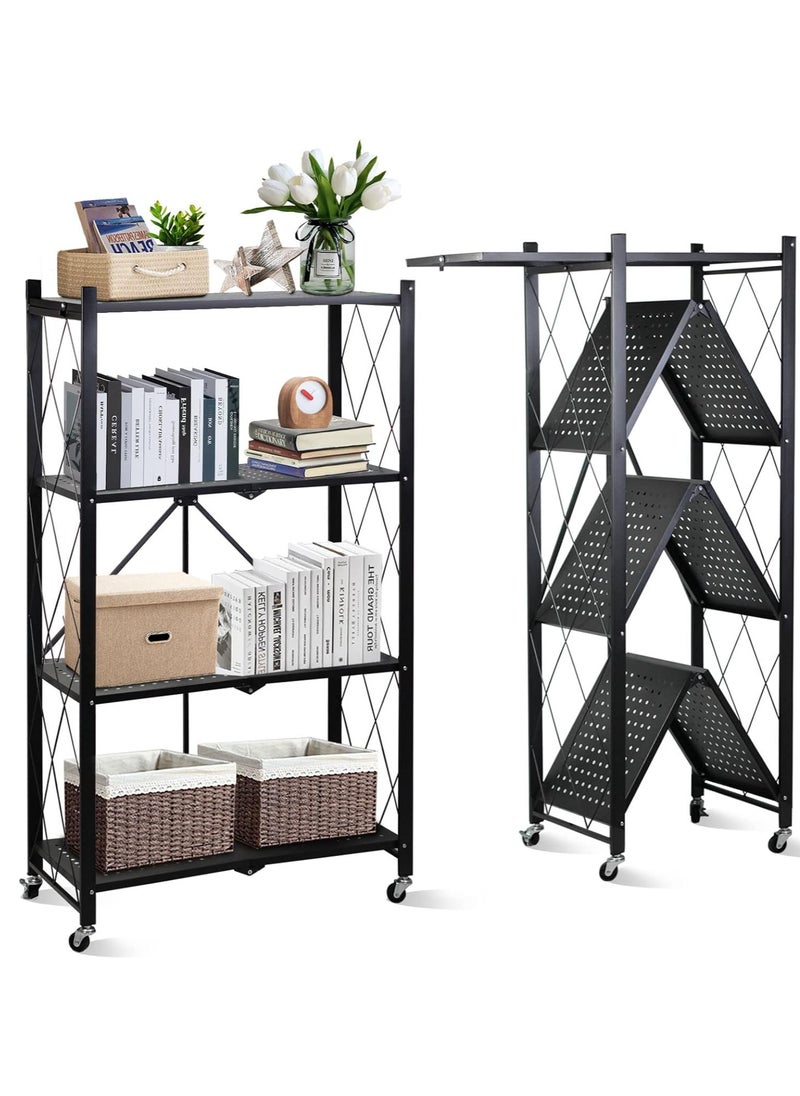 KADRAMA 4 Tier Storage Rack Thickened Foldable Storage Rack with Wheels,No Assembly,Large Capacity Shelves,Heavy-Duty Scratch-Resistant Metal Shelving Rolling Cart for Garage, Kitchen, Basement, Pantry(Black)  - Image 1