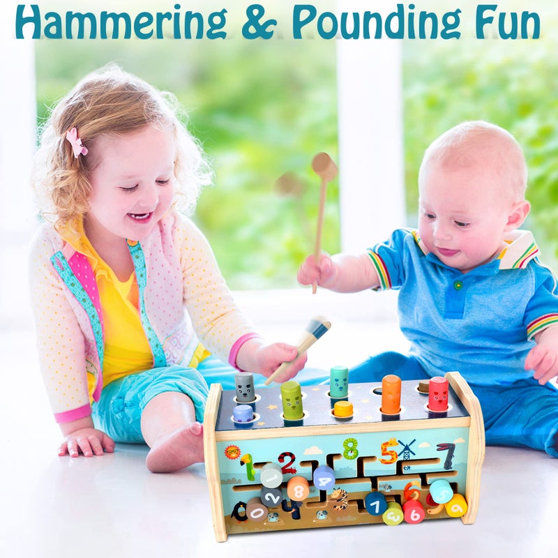 KIDWILL Montessori Pounding Toy for 1 2 Year Olds Wooden Hammering & Activity Board with Xylophone, Number Maze, Pounding Bench Educational Toddler Gift Toys Age 1-3 - Image 2