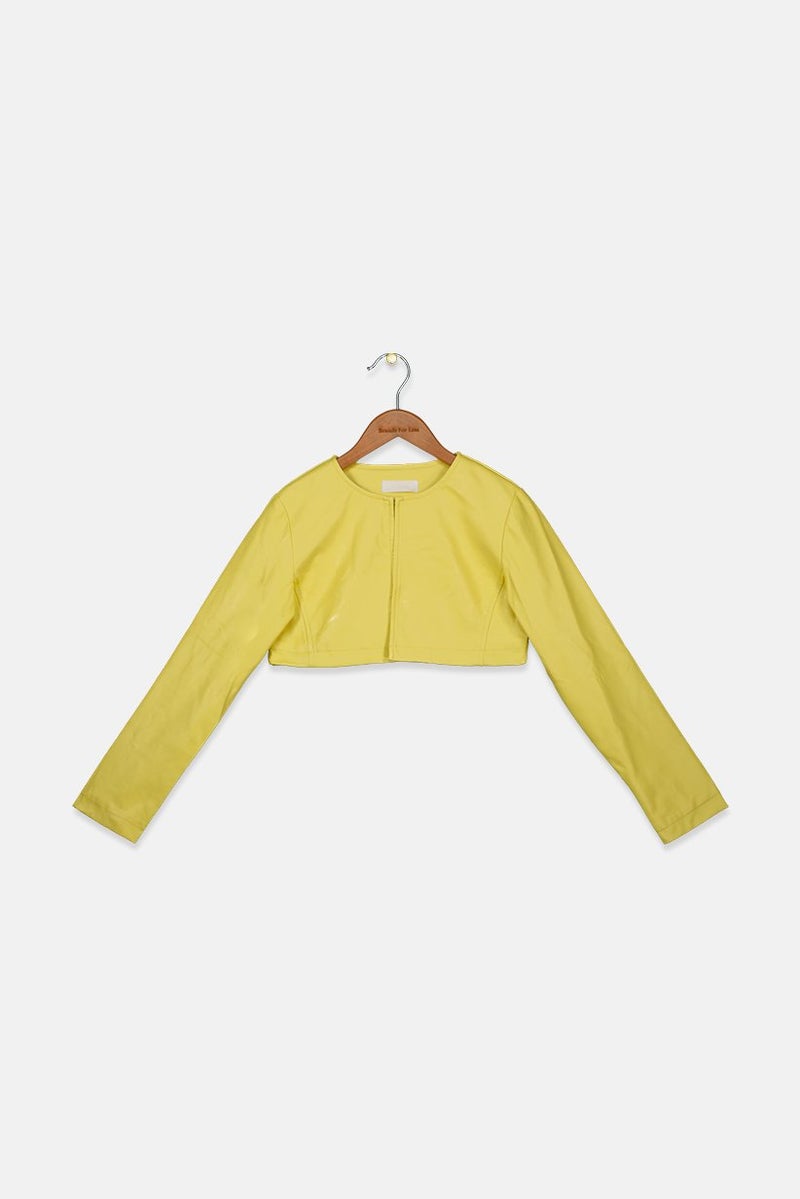 byblos Kids Girl Split Neck Plain Leather Crop Jacket, Yellow - Image 1