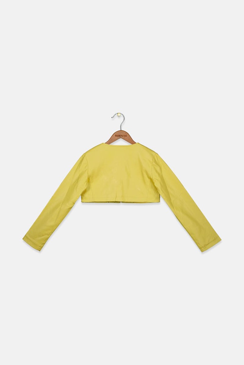 byblos Kids Girl Split Neck Plain Leather Crop Jacket, Yellow - Image 2