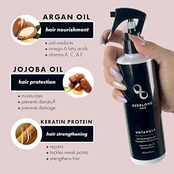 EVERLONG UNTANGLE LEAVE-IN CONDITIONER DETANGLING SPRAY, INFUSED WITH KERATIN PROTEIN, ARGAN AND JOJOBA OIL, SAFE FOR ALL HAIR TYPES & HUMAN AND SYNTHETIC WIGS AND HAIR EXTENSIONS - Image 2