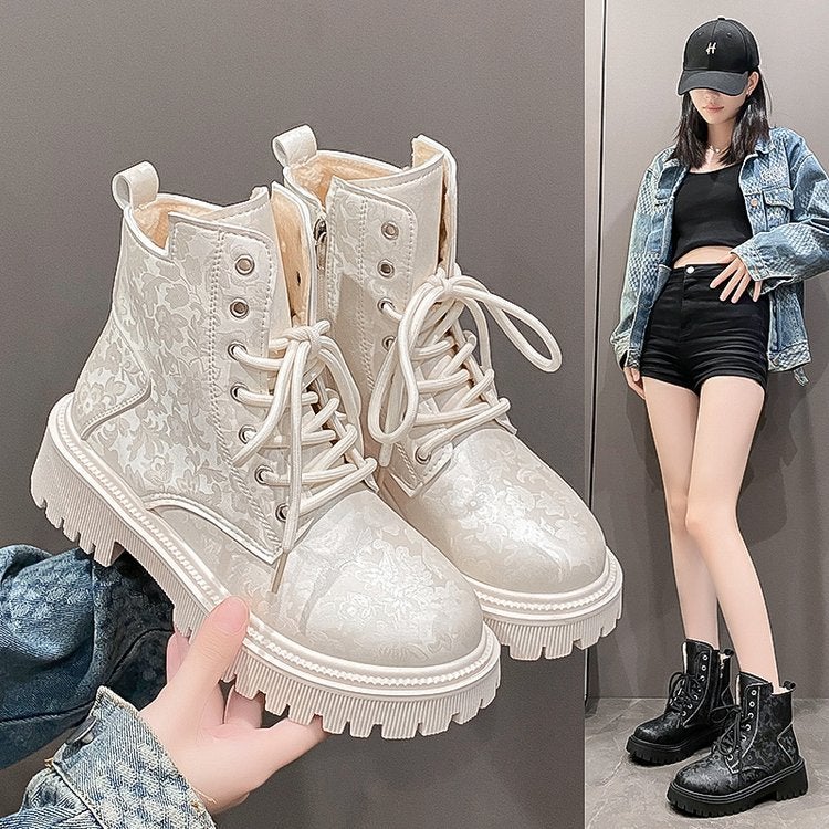 Printed Thick Heel Retro Short Boots Thick Bottom Round Head Fleece-Lined Thick Plus Size Martin Boots - Image 1