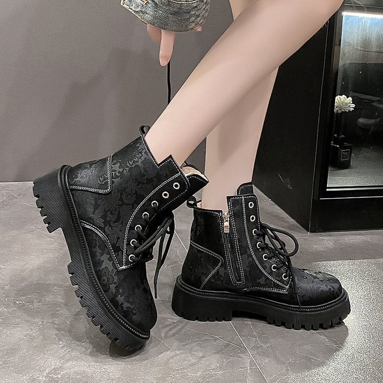 Printed Thick Heel Retro Short Boots Thick Bottom Round Head Fleece-Lined Thick Plus Size Martin Boots - Image 3
