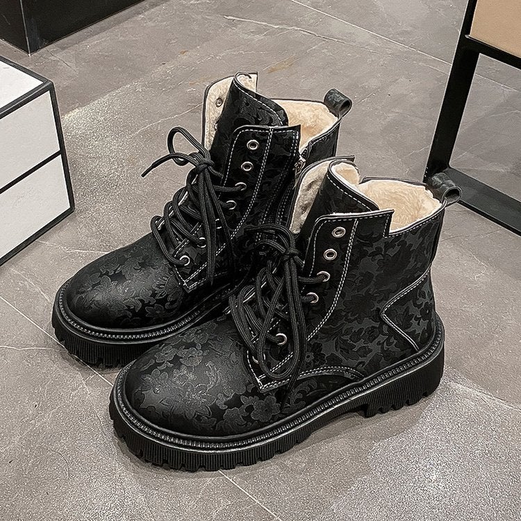 Printed Thick Heel Retro Short Boots Thick Bottom Round Head Fleece-Lined Thick Plus Size Martin Boots - Image 2