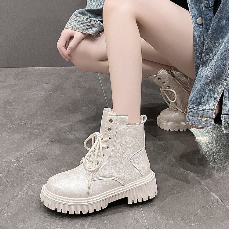 Printed Thick Heel Retro Short Boots Thick Bottom Round Head Fleece-Lined Thick Plus Size Martin Boots - Image 4