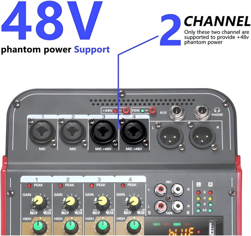 Powerpak MG-4 6-Channel Audio Mixer, Sound Board Mixing Console | 48V Phantom Power, MP3,Bluetooth,Echoes,USB Recording and XLR Output for DJ Show,Streaming,Podcasting - Image 2