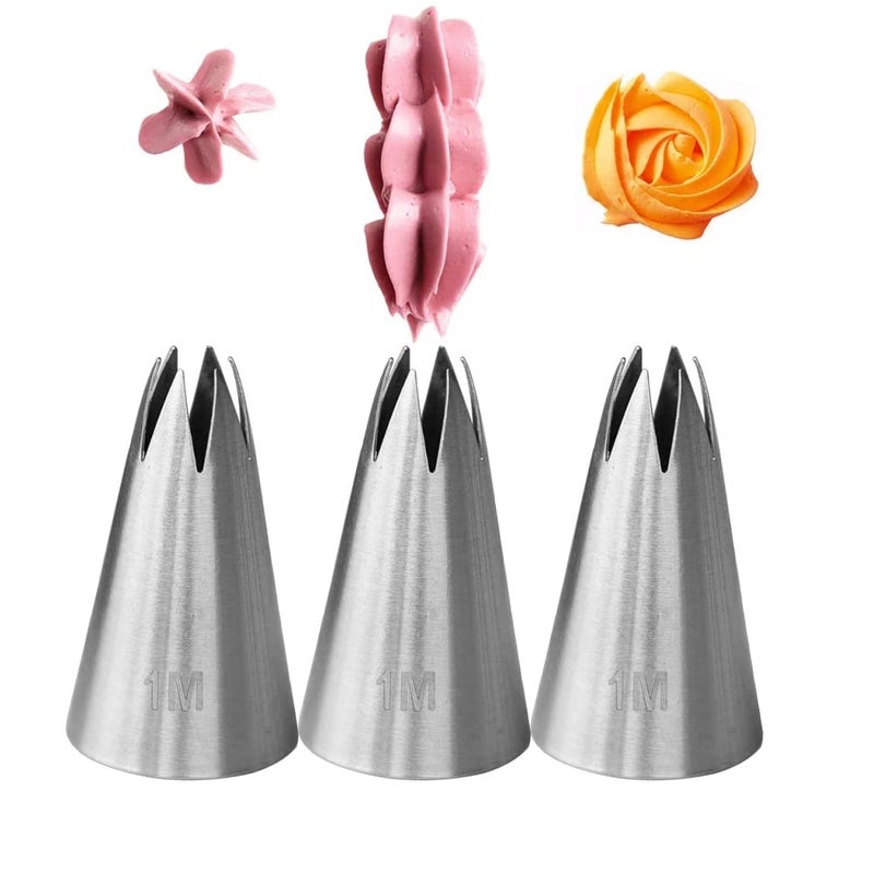 Bmaacye 1M Piping Tip for Cake DecoratingSeamless Icing Tips3 Pcs Decorating TipsOpen StarStainless Steel