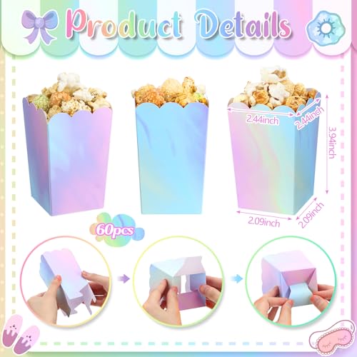 MotiMind 60 Pcs Mini Pastel Popcorn Boxes 2 09 x 2 44 x 3 94 Inch Pink Iridescent Holographic Paper Popcorn Bags Disposable Candy Snacks Treat Container for Birthday Wedding Party Favors - Image 3