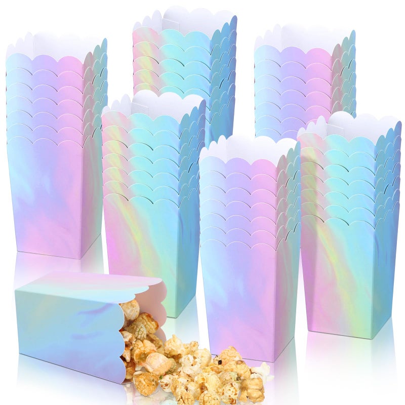MotiMind 60 Pcs Mini Pastel Popcorn Boxes 2 09 x 2 44 x 3 94 Inch Pink Iridescent Holographic Paper Popcorn Bags Disposable Candy Snacks Treat Container for Birthday Wedding Party Favors - Image 2