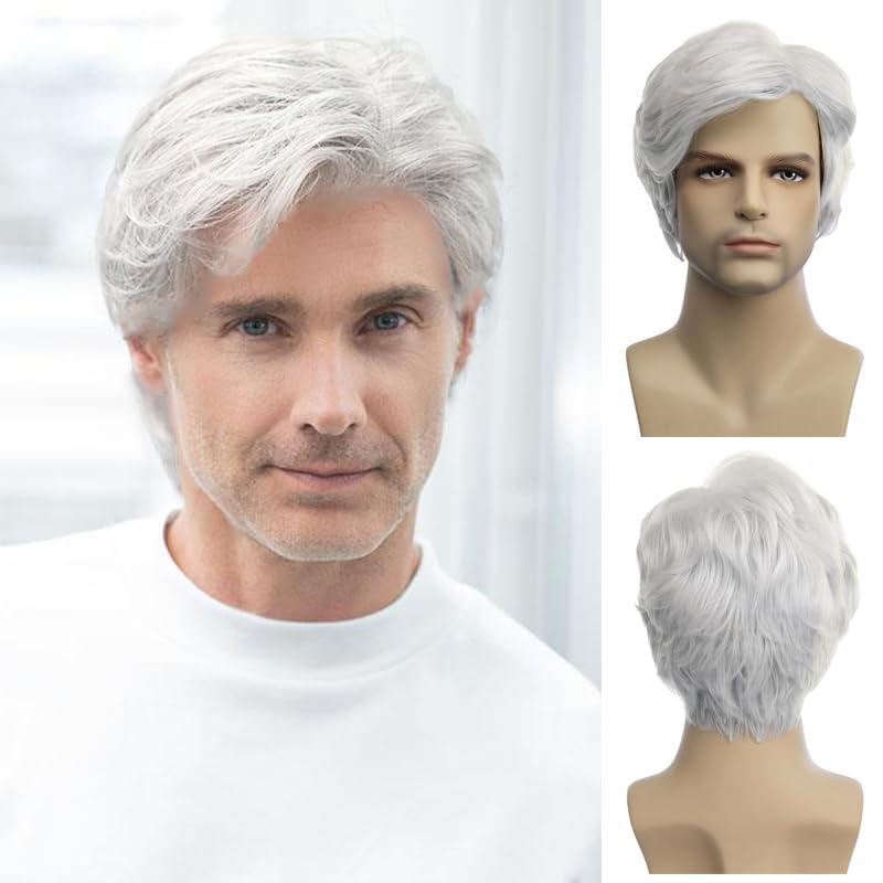 Baruisi Men Wigs Short White Wig Synthetic Heat Resistant Natural Halloween Cosplay Hair - Image 1
