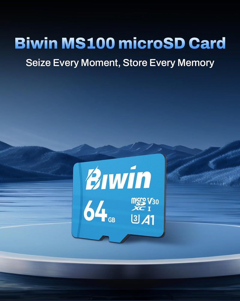 بطاقة Biwin MS100 Micro SDXC سعة 64 جيجابايت UHS-I U3/V30، سرعة قراءة تصل إلى 100 ميجابايت/ثانية، لألعاب NS/GoPro/كاميرات السيارة/كاميرات الحركة - Image 2