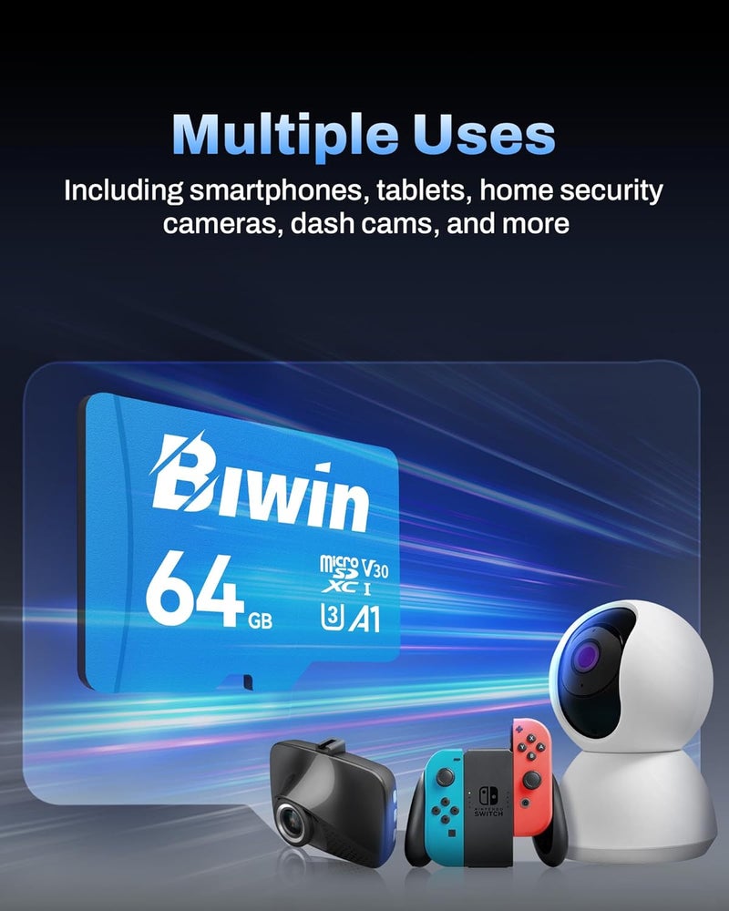 بطاقة Biwin MS100 Micro SDXC سعة 64 جيجابايت UHS-I U3/V30، سرعة قراءة تصل إلى 100 ميجابايت/ثانية، لألعاب NS/GoPro/كاميرات السيارة/كاميرات الحركة - Image 4