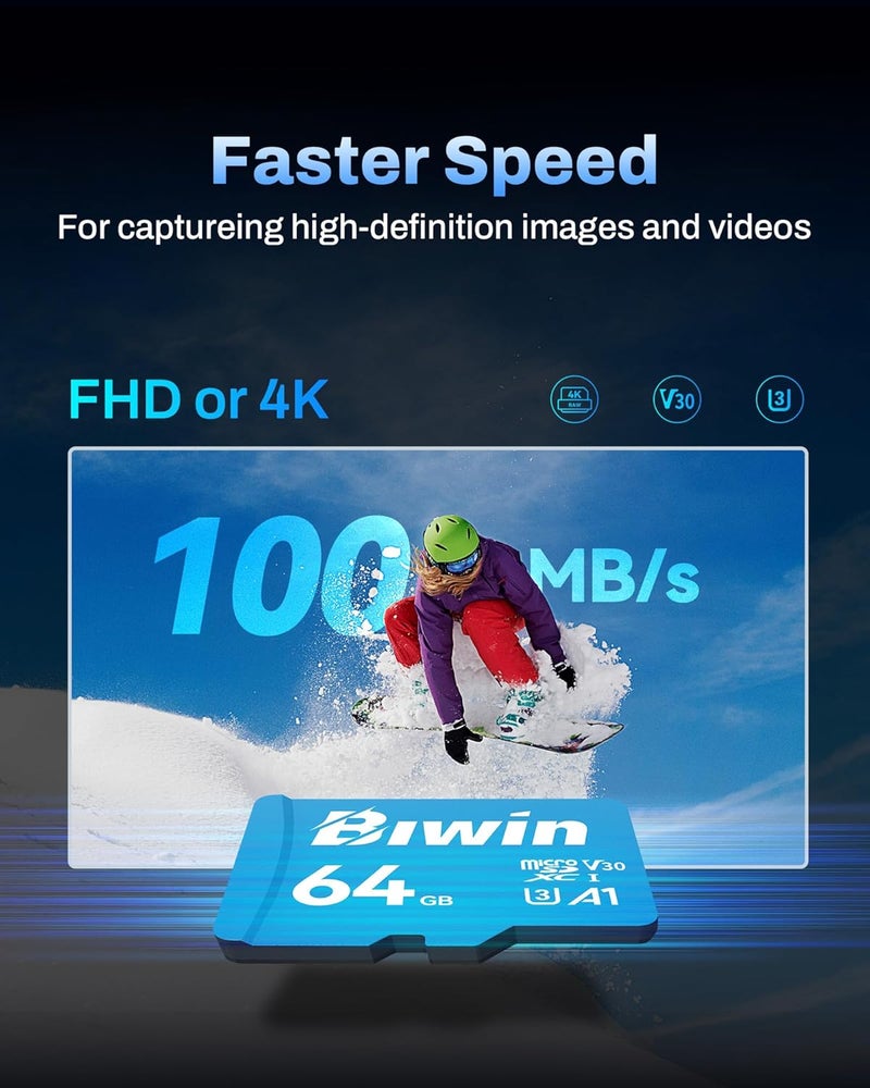 بطاقة Biwin MS100 Micro SDXC سعة 64 جيجابايت UHS-I U3/V30، سرعة قراءة تصل إلى 100 ميجابايت/ثانية، لألعاب NS/GoPro/كاميرات السيارة/كاميرات الحركة - Image 3