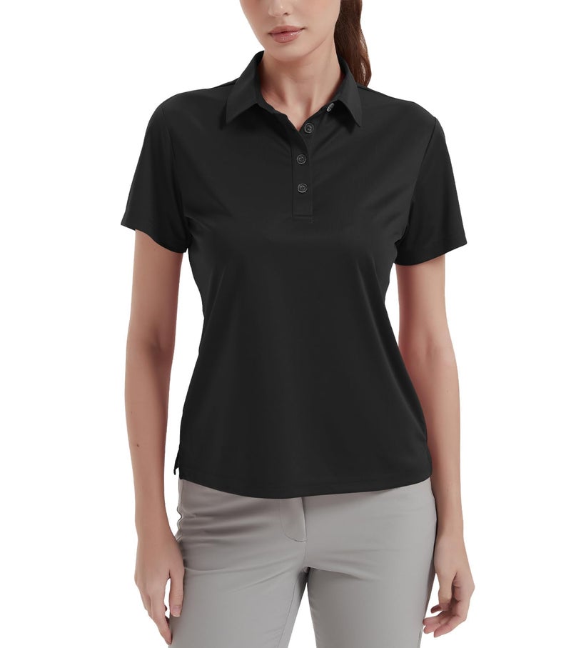 Idtswch Women's Polo Shirts UPF 50+ Casual Work Quick Dry 4 Buttons Short Sleeve Collared Golf Shirt Black M - Image 1