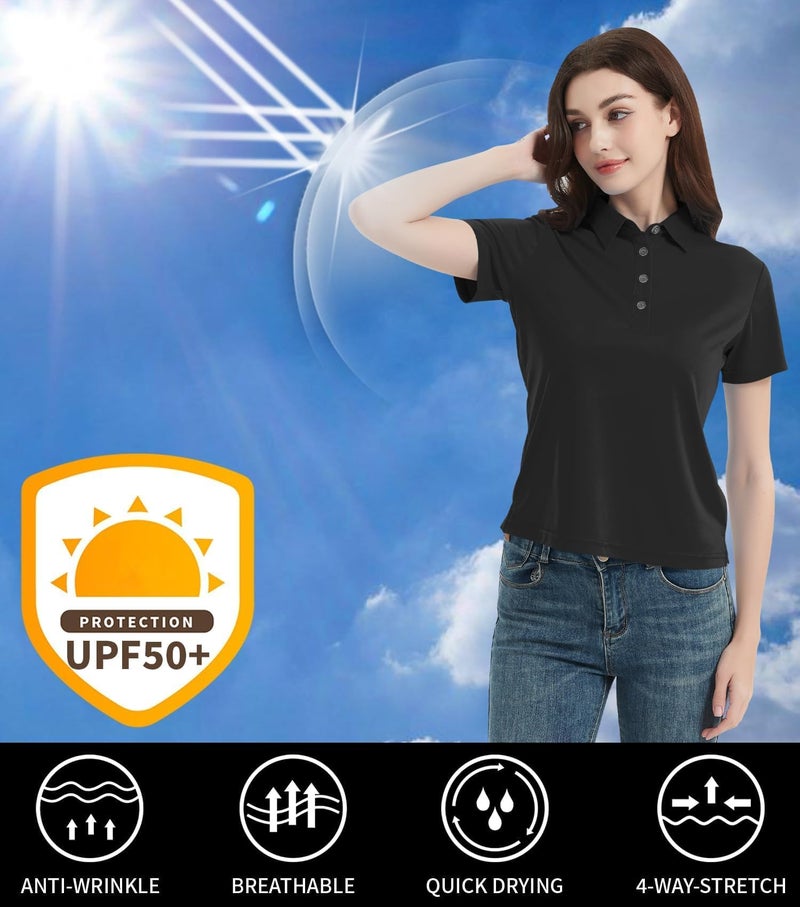 Idtswch Women's Polo Shirts UPF 50+ Casual Work Quick Dry 4 Buttons Short Sleeve Collared Golf Shirt Black M - Image 5