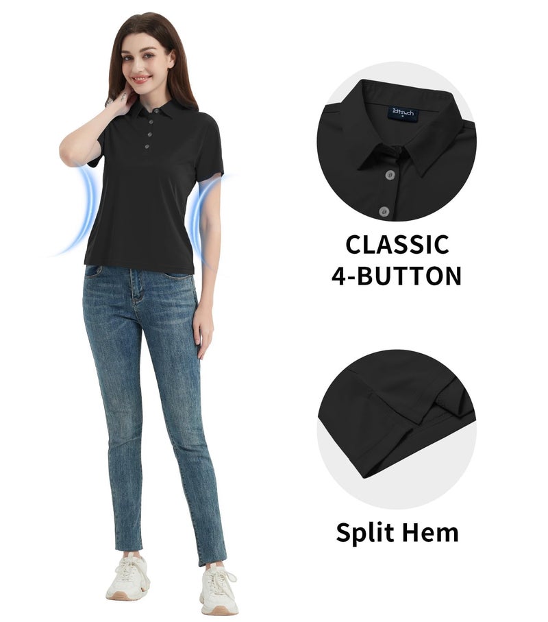 Idtswch Women's Polo Shirts UPF 50+ Casual Work Quick Dry 4 Buttons Short Sleeve Collared Golf Shirt Black M - Image 4