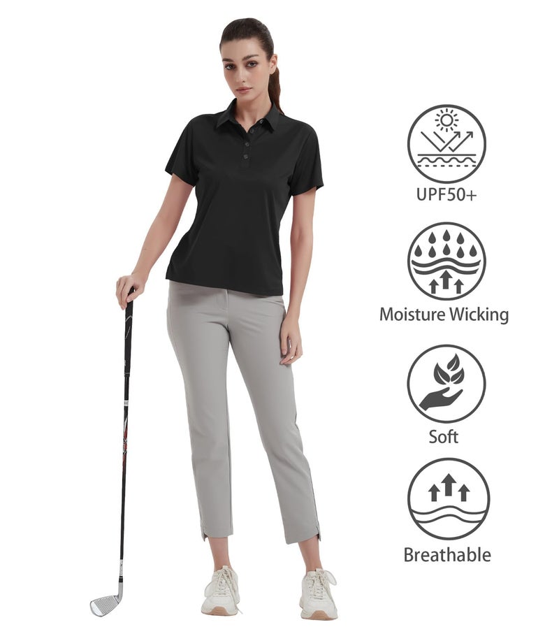 Idtswch Women's Polo Shirts UPF 50+ Casual Work Quick Dry 4 Buttons Short Sleeve Collared Golf Shirt Black M - Image 3