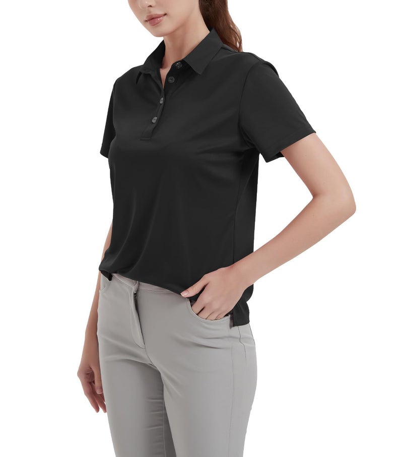 Idtswch Women's Polo Shirts UPF 50+ Casual Work Quick Dry 4 Buttons Short Sleeve Collared Golf Shirt Black M - Image 2