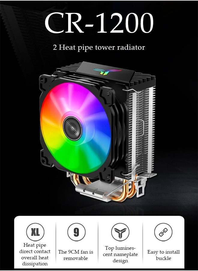 Generic - CR1200 RGB CPU Air Cooler, 90mm PWM CPU Cooler with 2 Heat Pipes, Removable Computer PC Fans Easy to Install, Quiet Rainbow RGB Cooling Fan for Intel LGA 1200/775/1150/1151/1155/1156, AMD AM4 AM3,Black - Image 1