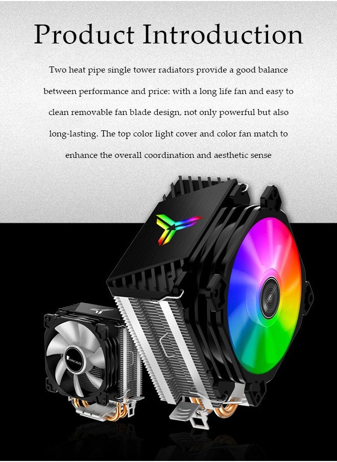 Generic - CR1200 RGB CPU Air Cooler, 90mm PWM CPU Cooler with 2 Heat Pipes, Removable Computer PC Fans Easy to Install, Quiet Rainbow RGB Cooling Fan for Intel LGA 1200/775/1150/1151/1155/1156, AMD AM4 AM3,Black - Image 1