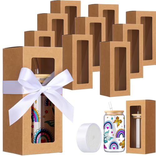 Honoson 24 Pcs Tumbler Gift Box with Ribbon for Sublimation Glass Exhibition Boxes Transparent for 12oz 16oz 20oz Drinking Cup Glasses Jars Mug Can Blanks 787 x 335 x 335Brown - Image 1