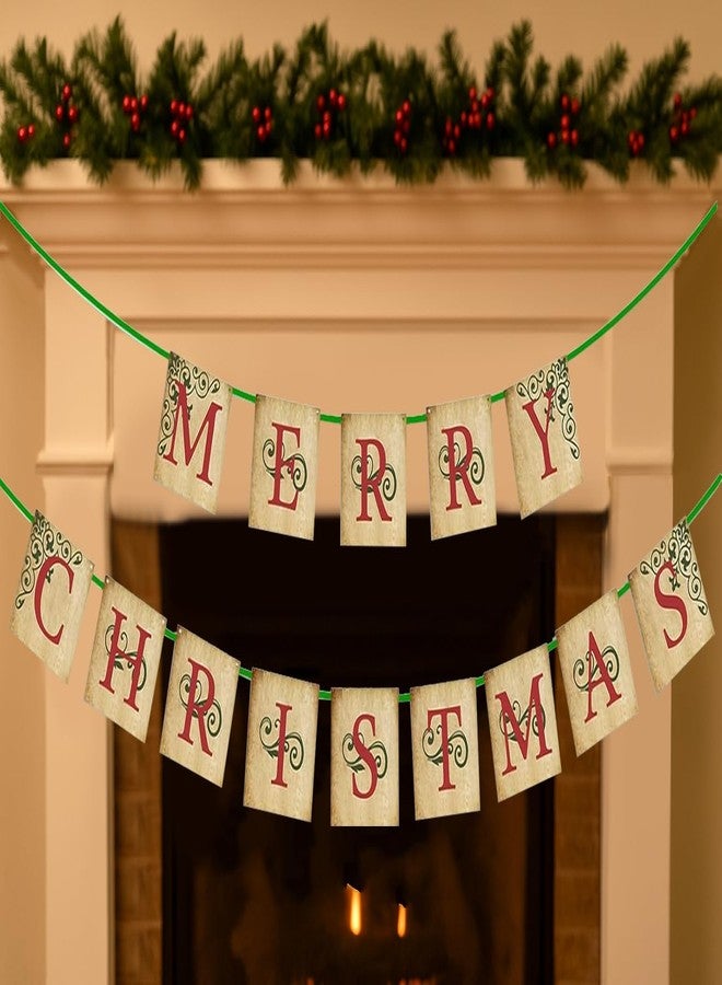 Oarkive Vintage Christmas Decor - Vintage Merry Christmas Banner Sign - Nostalgic Traditional Old Fashioned Victorian Xmas Holiday Decor for Indoor Home Office Mantle Farmhouse Fireplace Christmas Decorations - Image 3