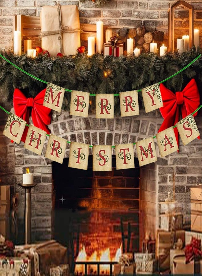 Oarkive Vintage Christmas Decor - Vintage Merry Christmas Banner Sign - Nostalgic Traditional Old Fashioned Victorian Xmas Holiday Decor for Indoor Home Office Mantle Farmhouse Fireplace Christmas Decorations - Image 1
