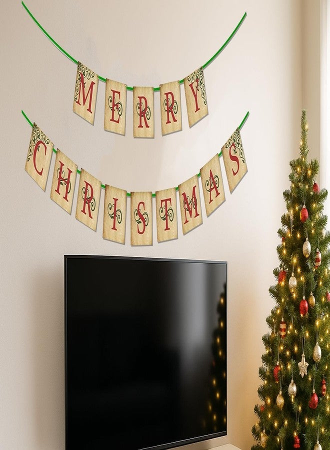 Oarkive Vintage Christmas Decor - Vintage Merry Christmas Banner Sign - Nostalgic Traditional Old Fashioned Victorian Xmas Holiday Decor for Indoor Home Office Mantle Farmhouse Fireplace Christmas Decorations - Image 4