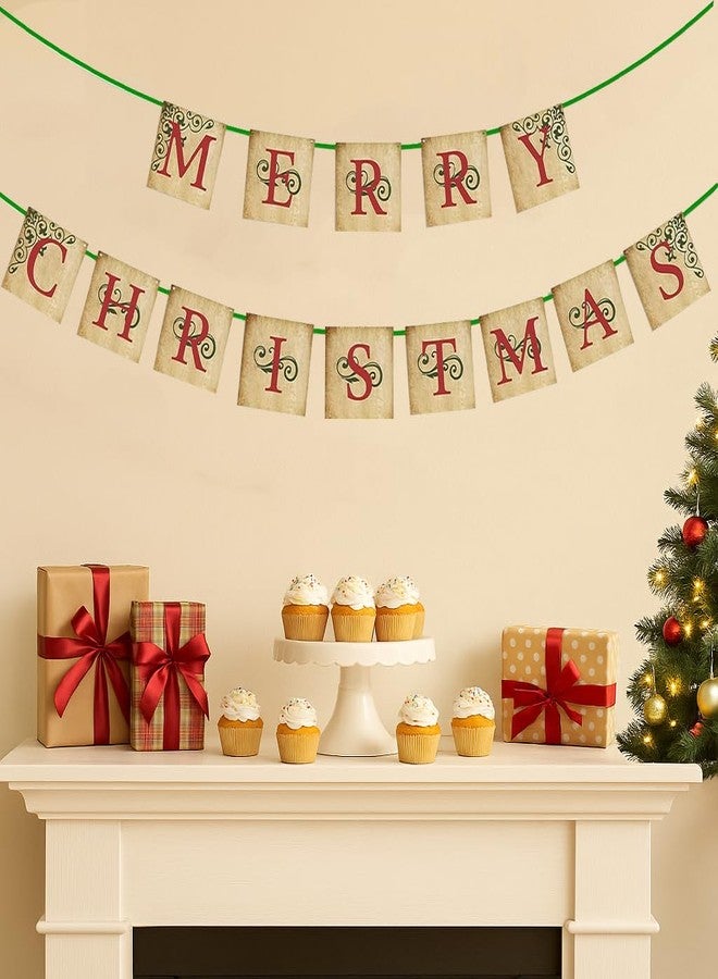 Oarkive Vintage Christmas Decor - Vintage Merry Christmas Banner Sign - Nostalgic Traditional Old Fashioned Victorian Xmas Holiday Decor for Indoor Home Office Mantle Farmhouse Fireplace Christmas Decorations - Image 5