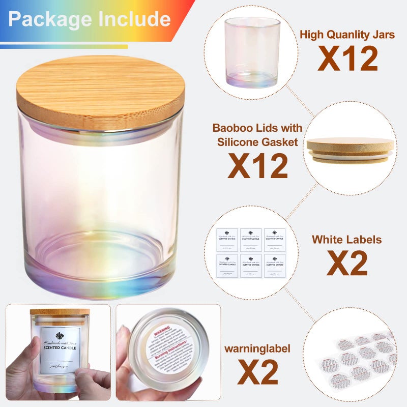 CONNOO 12 Pack 10 OZ Iridescent Glass Candle Jars for Making Candles with Airtight Bamboo Lids Nice Sticky Warning Labels for Candle Making Empty Container Bulk - Dishwasher Safe - Image 3