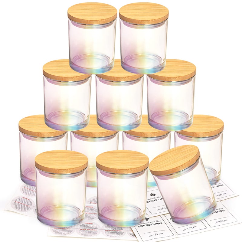 CONNOO 12 Pack 10 OZ Iridescent Glass Candle Jars for Making Candles with Airtight Bamboo Lids Nice Sticky Warning Labels for Candle Making Empty Container Bulk - Dishwasher Safe - Image 1