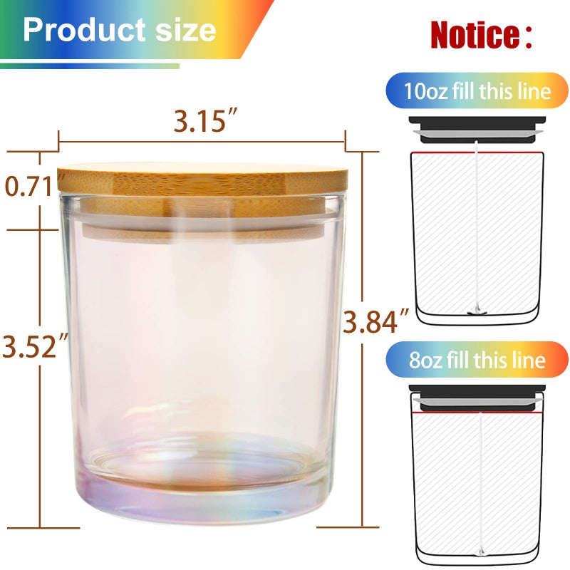 CONNOO 12 Pack 10 OZ Iridescent Glass Candle Jars for Making Candles with Airtight Bamboo Lids Nice Sticky Warning Labels for Candle Making Empty Container Bulk - Dishwasher Safe - Image 2
