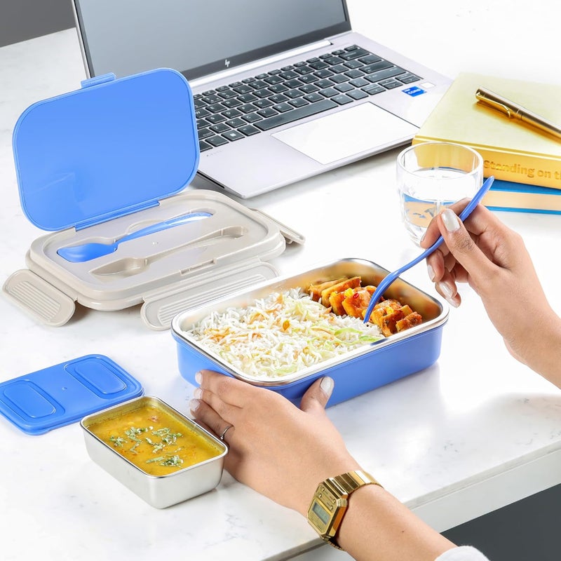 Cello CELLO Maclunch Insulated Lunch Box Separate Steel Container with Fork Spoon Unbreakable Lid with with 4 Sided Click Locks Ideal for CollegeOffice Outdoor Activities Set of 1 Blue  - Image 2