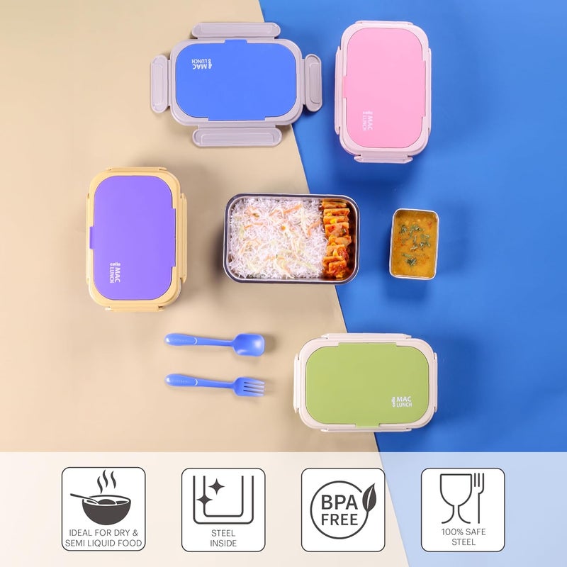 Cello CELLO Maclunch Insulated Lunch Box Separate Steel Container with Fork Spoon Unbreakable Lid with with 4 Sided Click Locks Ideal for CollegeOffice Outdoor Activities Set of 1 Blue  - Image 3