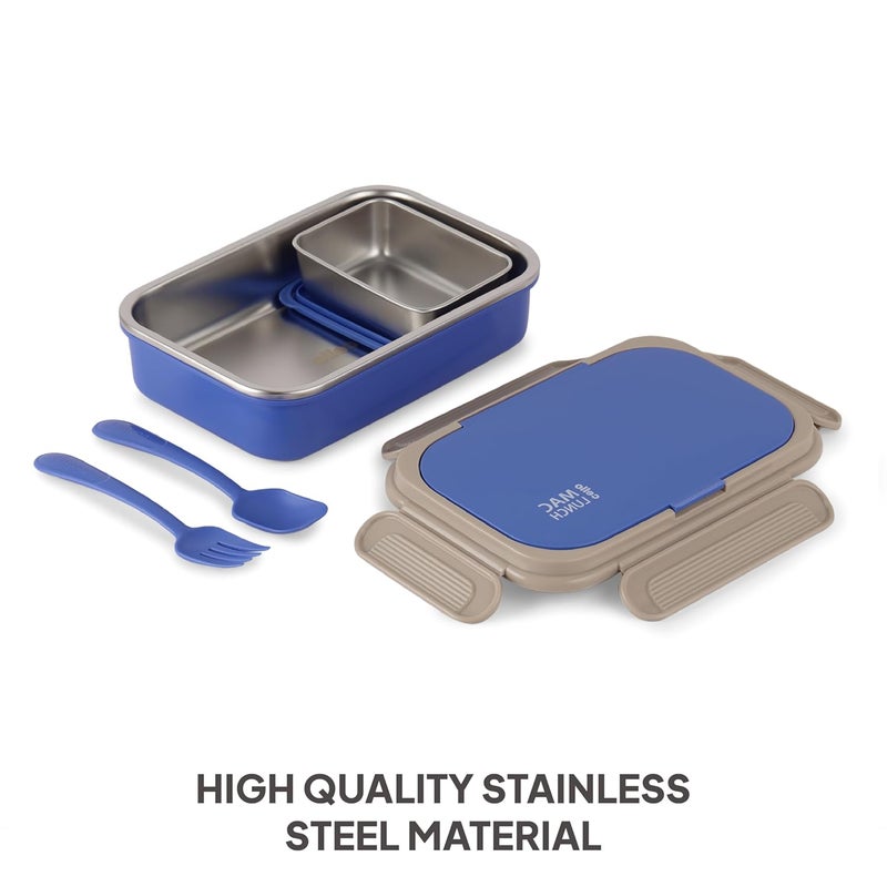 Cello CELLO Maclunch Insulated Lunch Box Separate Steel Container with Fork Spoon Unbreakable Lid with with 4 Sided Click Locks Ideal for CollegeOffice Outdoor Activities Set of 1 Blue  - Image 4