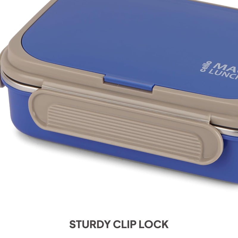 Cello CELLO Maclunch Insulated Lunch Box Separate Steel Container with Fork Spoon Unbreakable Lid with with 4 Sided Click Locks Ideal for CollegeOffice Outdoor Activities Set of 1 Blue  - Image 5
