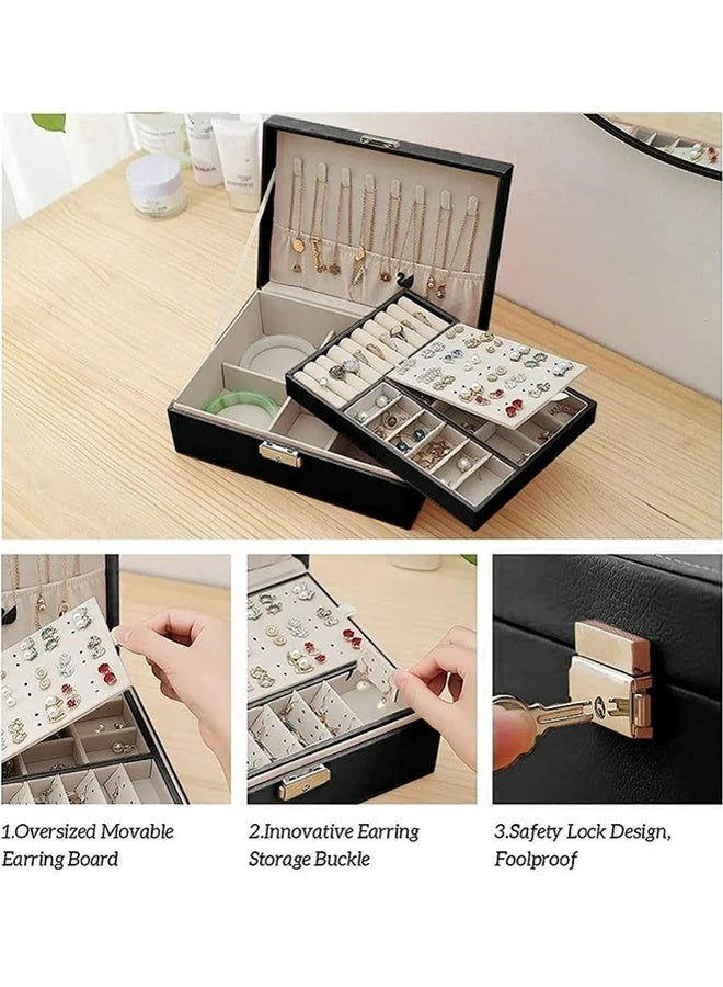 رولستيمي منظم صندوق مجوهرات للنساء والفتيات ، منظم مجوهرات كبير وتخزين ، صندوق تخزين مجوهرات من جلد البولي يوريثان مع قفل ، حامل مجوهرات للقلادة والأقراط والخواتم ، أسود - Image 5