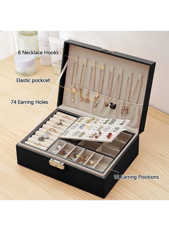 رولستيمي منظم صندوق مجوهرات للنساء والفتيات ، منظم مجوهرات كبير وتخزين ، صندوق تخزين مجوهرات من جلد البولي يوريثان مع قفل ، حامل مجوهرات للقلادة والأقراط والخواتم ، أسود - Image 2