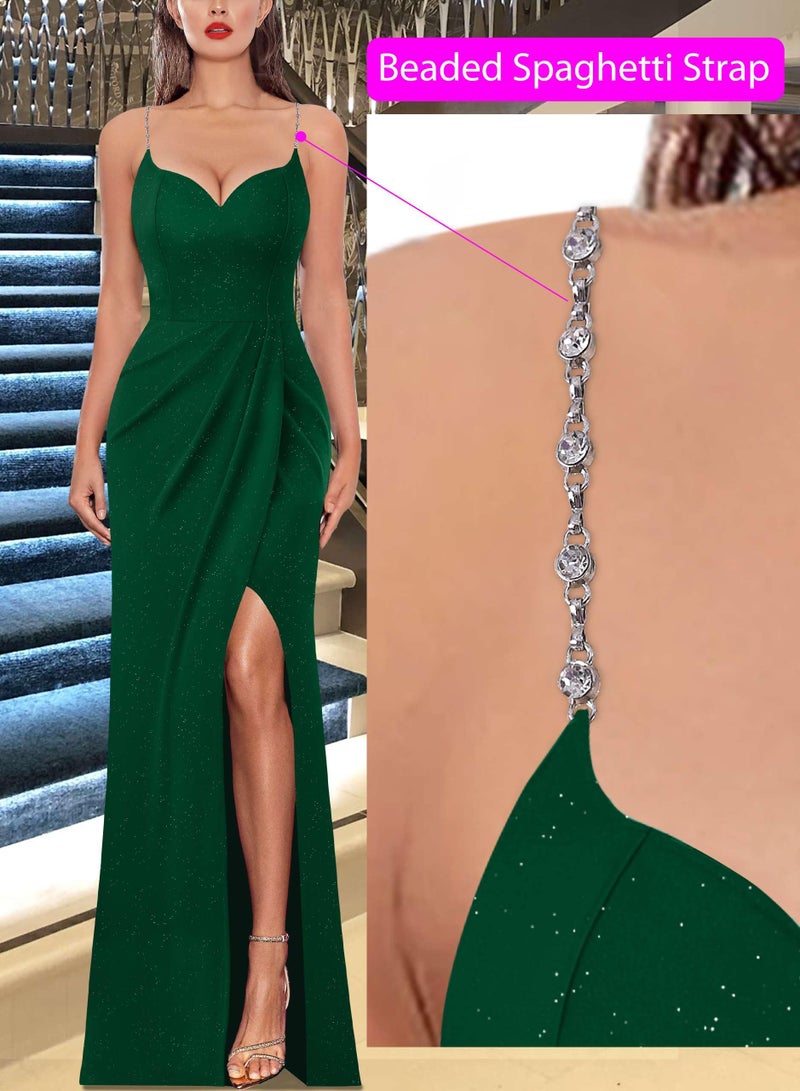 VFSHOW Womens Formal Prom Maxi Dresses Ruched High Slit Beaded Spaghetti Strap Sweetheart Neck Glitter Bodycon Evening Gown Dress (Green, Small) 11523 GRN S - Image 2