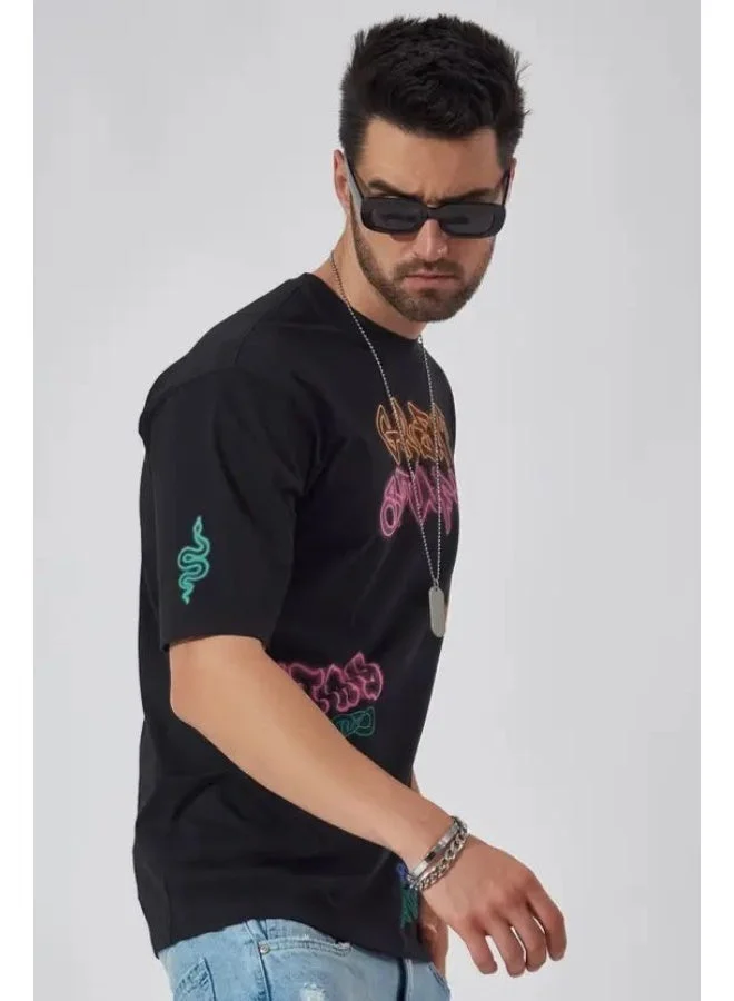 Maniac Maniac Mens Round Neck 3-4th Sleeve Printed  Black and Orange Cotton Boxy Fit Tshirt