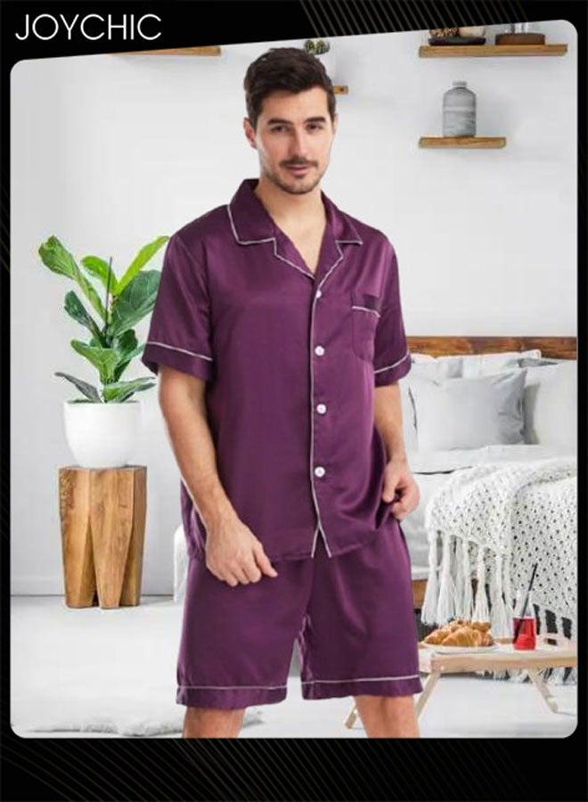 Joychic طقم بيجاما قصير الأكمام للرجال بلون موحد صيفي مريح من الساتان غير اللامع مع ياقة مزررة للمنزل بحجم كبير باللون الأرجواني - Image 1