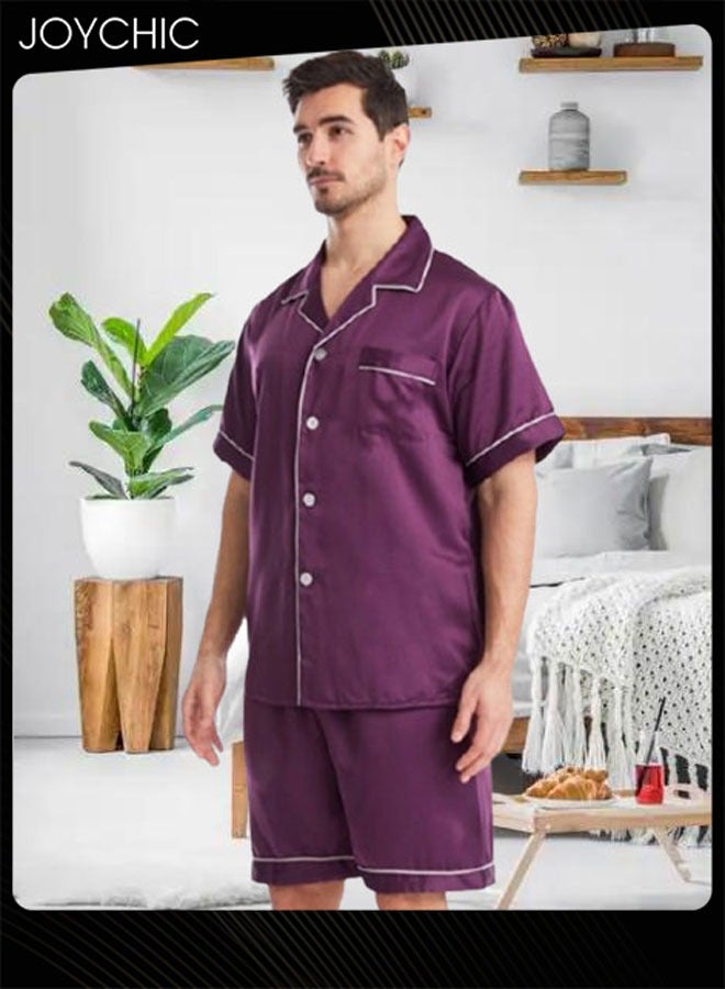 Joychic طقم بيجاما قصير الأكمام للرجال بلون موحد صيفي مريح من الساتان غير اللامع مع ياقة مزررة للمنزل بحجم كبير باللون الأرجواني - Image 2