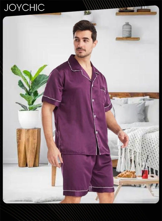 Joychic طقم بيجاما قصير الأكمام للرجال بلون موحد صيفي مريح من الساتان غير اللامع مع ياقة مزررة للمنزل بحجم كبير باللون الأرجواني - Image 3