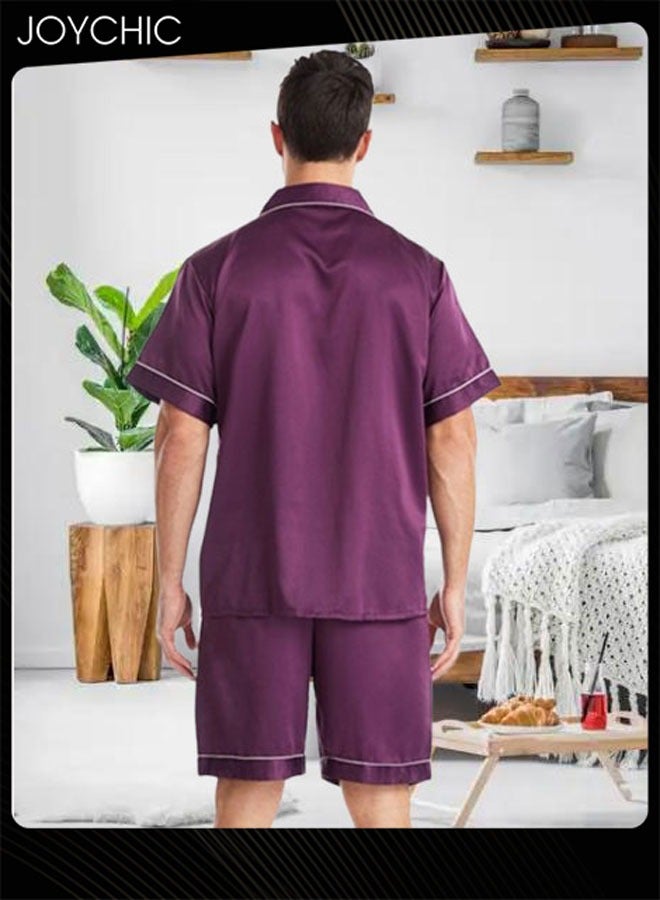Joychic طقم بيجاما قصير الأكمام للرجال بلون موحد صيفي مريح من الساتان غير اللامع مع ياقة مزررة للمنزل بحجم كبير باللون الأرجواني - Image 4