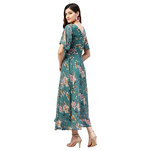 Rare Women Casual Teal Colour Calf Length Floral Fit and Flare Dress, Small - Image 4