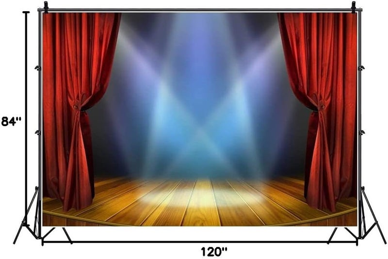 Laeacco 10x7ft Bright Round Wooden Stage Backdrop Vinyl Bright Interlaced Spotlights Red Curtain Rustic Vintage Wooden Floor Background Performance Show Award Ceremony Banner Talent Show Shoot - Image 5
