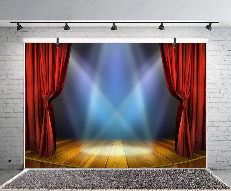 Laeacco 10x7ft Bright Round Wooden Stage Backdrop Vinyl Bright Interlaced Spotlights Red Curtain Rustic Vintage Wooden Floor Background Performance Show Award Ceremony Banner Talent Show Shoot - Image 4