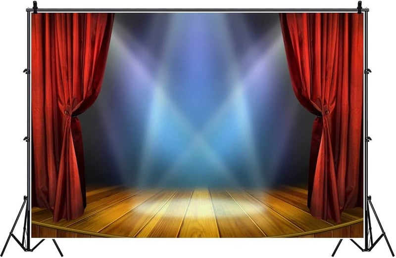 Laeacco 10x7ft Bright Round Wooden Stage Backdrop Vinyl Bright Interlaced Spotlights Red Curtain Rustic Vintage Wooden Floor Background Performance Show Award Ceremony Banner Talent Show Shoot - Image 3